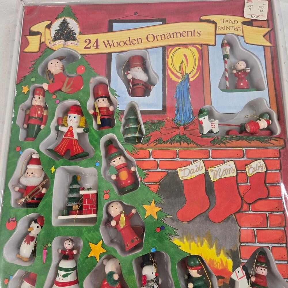 Vintage Set of 24 Hand-Painted Wooden Christmas Tree Ornaments in Original Box